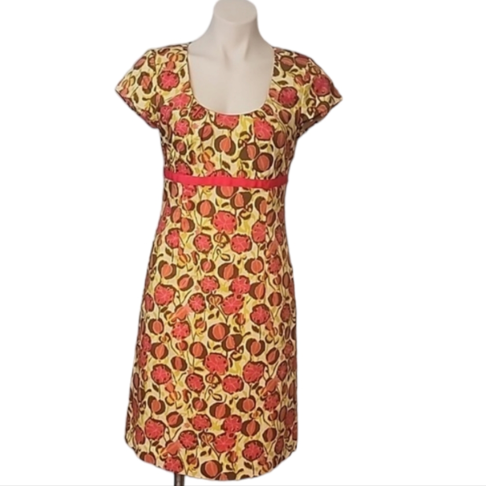 Boden Green and Pink Floral Cap Sleeve High Waist Dress Size 6